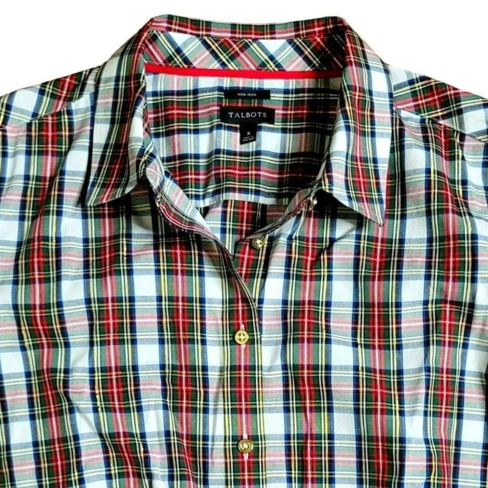 Talbots Button Up Plaid Shirt 8 Red Green Non-Iron Long Sleeve Collar Preppy